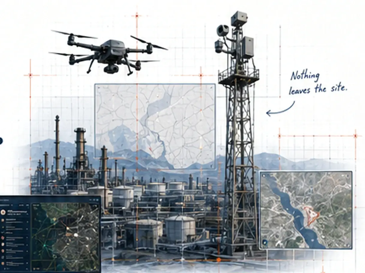 Simulated drone paths over an air-gapped refinery with sensor tower, map panels and an offline operations console